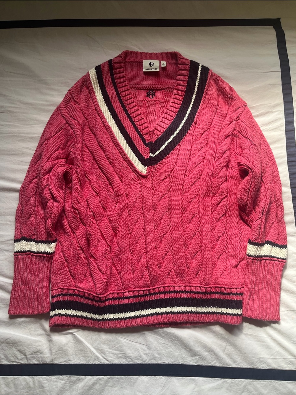 Banana Republic Cable Knit V-Neck Sweater in Pink with Stripe Trim